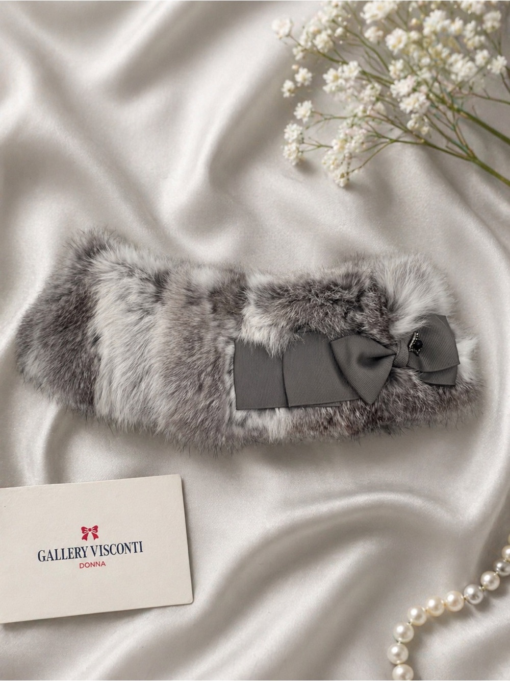 Gallery Visconti Rabbit Fur Neck Warmer Scarf Gray Bow Trim Japan EUC